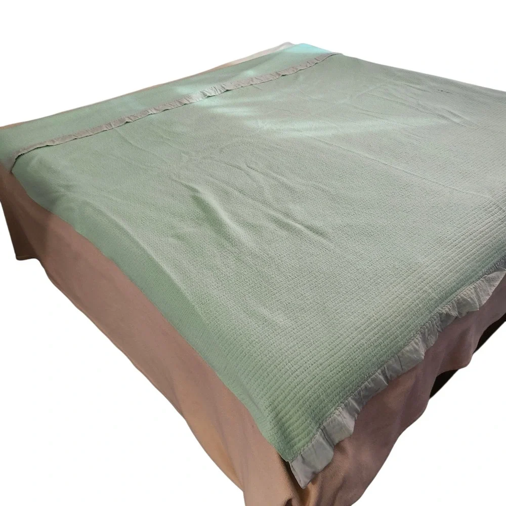 Vintage Blanket Waffle Weave Acrylic Light Green Mint Nylon Trim Appx 86x78